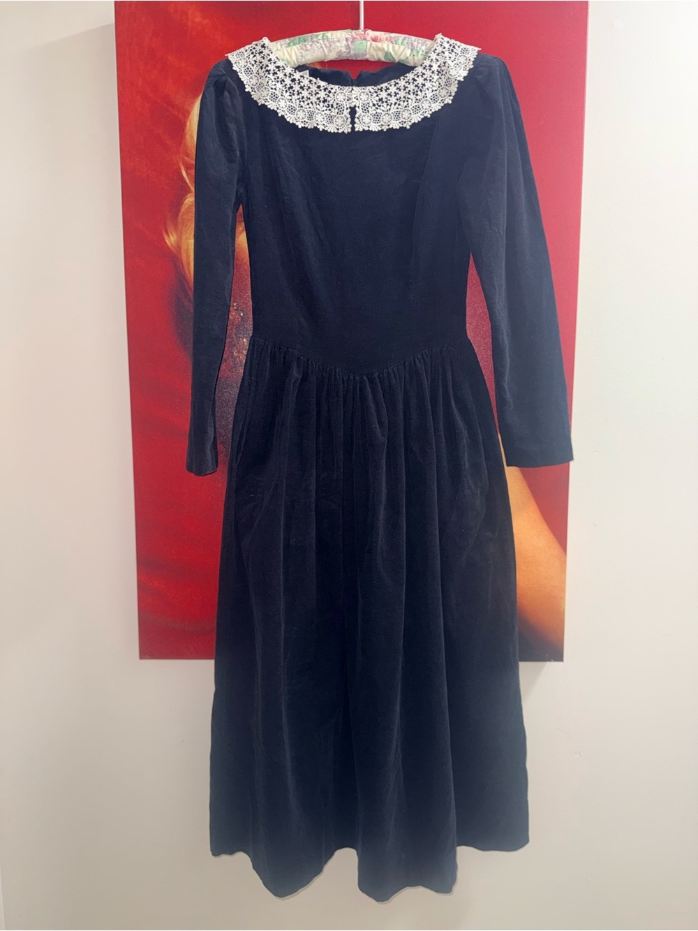 Vintage Laura Ashley Black Long-Sleeve Dress with White Lace Collar & Pockets